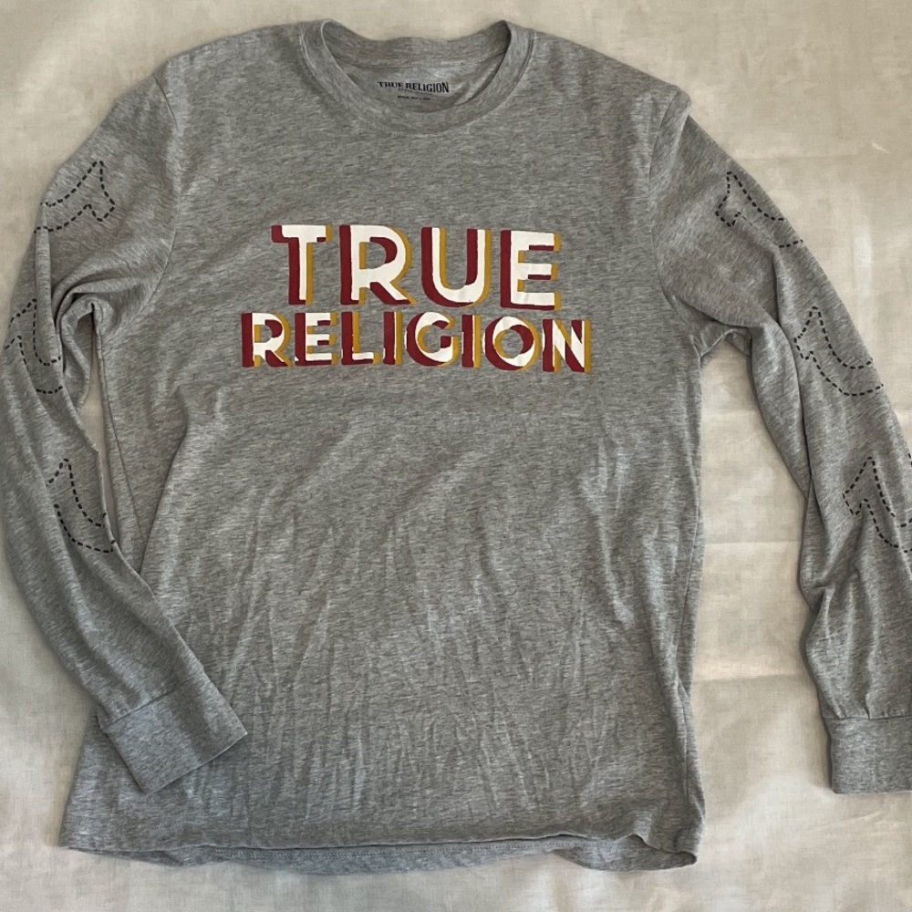 True Religion Heather Gray Graphic Long Sleeve Mens Tee Large